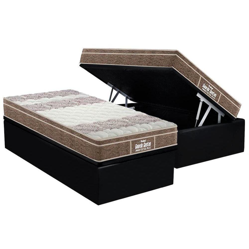 Cama Box Baú Solteiro: Colchão Anatômico Probel D33 / EP Guarda Costas PróIntense Plus + Base CRC Suede Black(88x188)