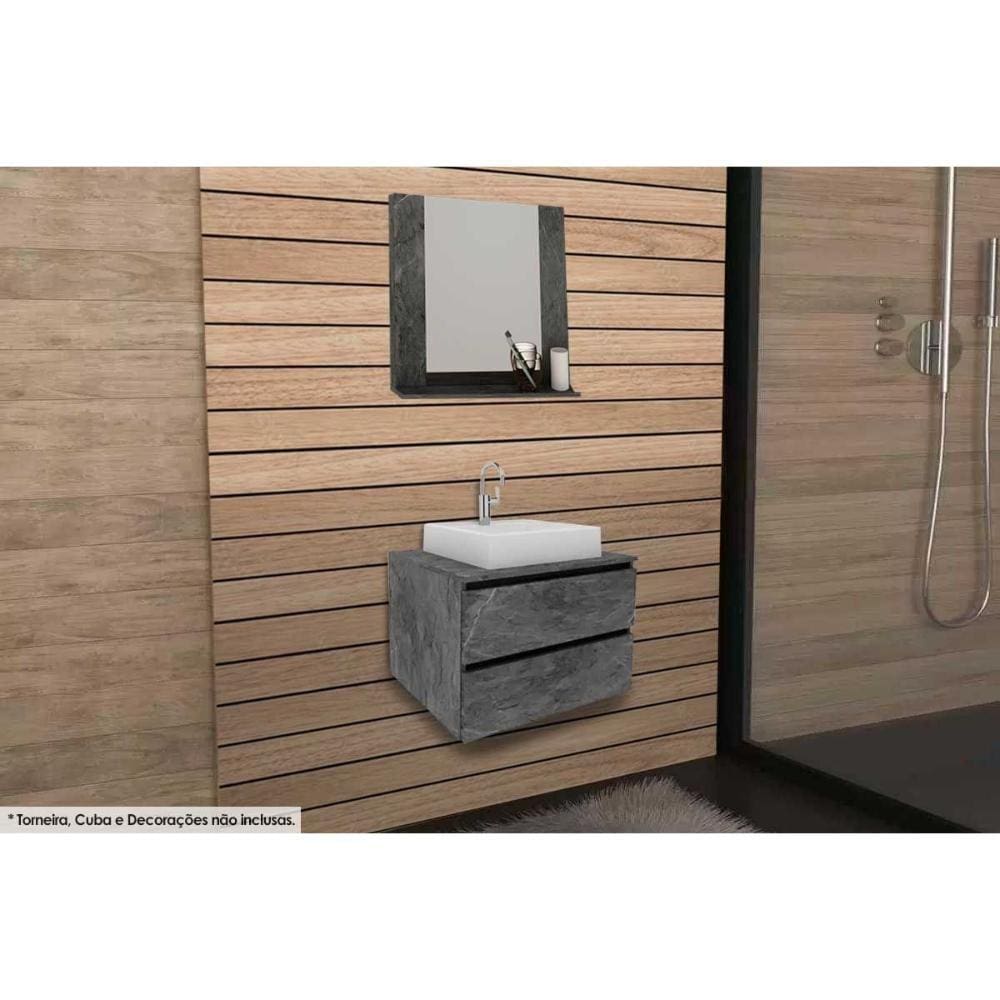 Conjunto de Banheiro Armário c/ Espelho BN3610 e Balcão Suspenso BN3607 s/ Cuba Pia 60cm cor Mármore Lunar - Tecno Mobili