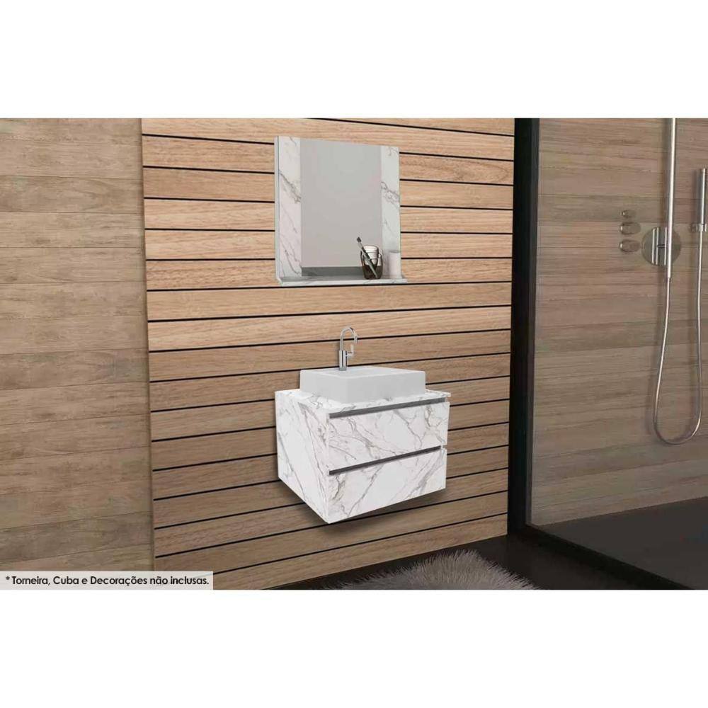 Conjunto de Banheiro Armário c/ Espelho BN3610 e Balcão Suspenso BN3607 s/ Cuba Pia 60cm cor Mármore Branco - Tecno Mobili