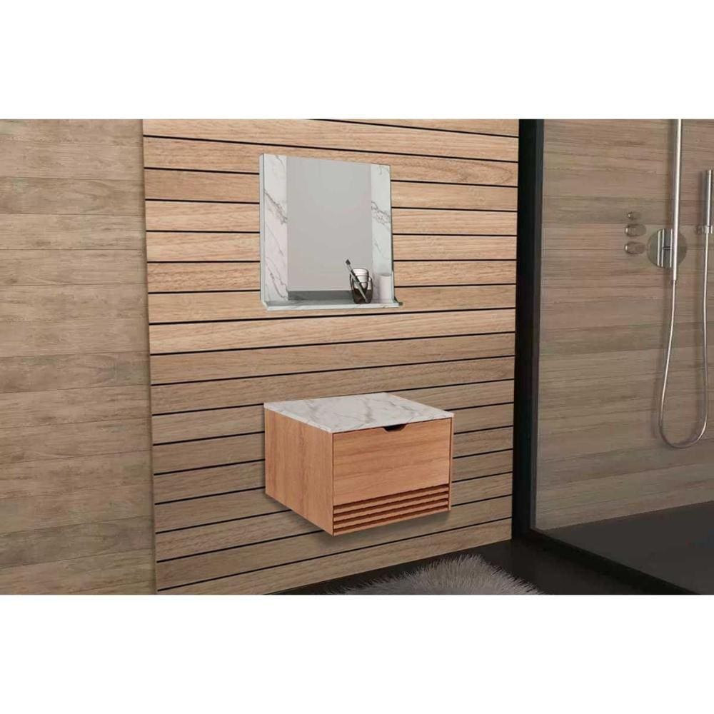 Conjunto de Banheiro Armário c/ Espelho BN3610 e Balcão Suspenso BN3613 s/ Cuba Pia 60cm cor Amendoa/Marmore Branco - Tecno Mobili