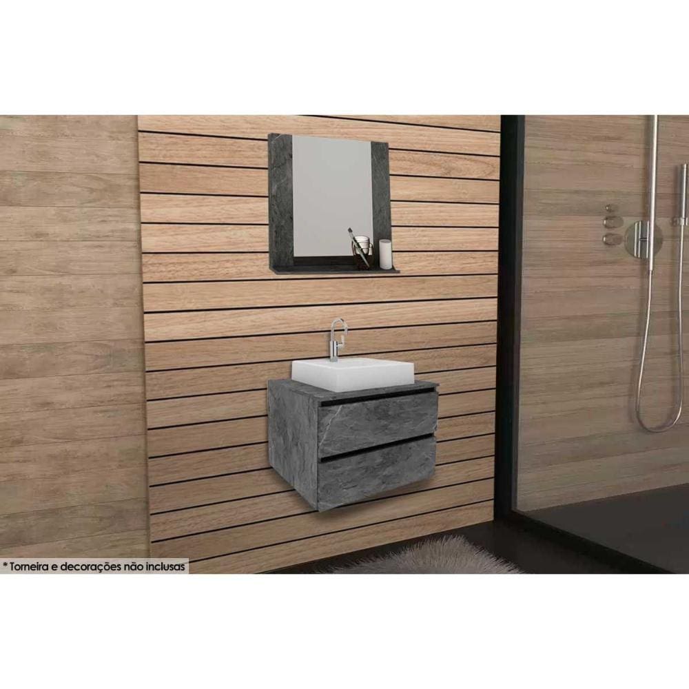 Conjunto de Banheiro Armário c/ Espelho BN3610 e Balcão Suspenso BN3607 c/ Cuba Pia BN3600 60cm cor Mármore Lunar - Tecno Mobili