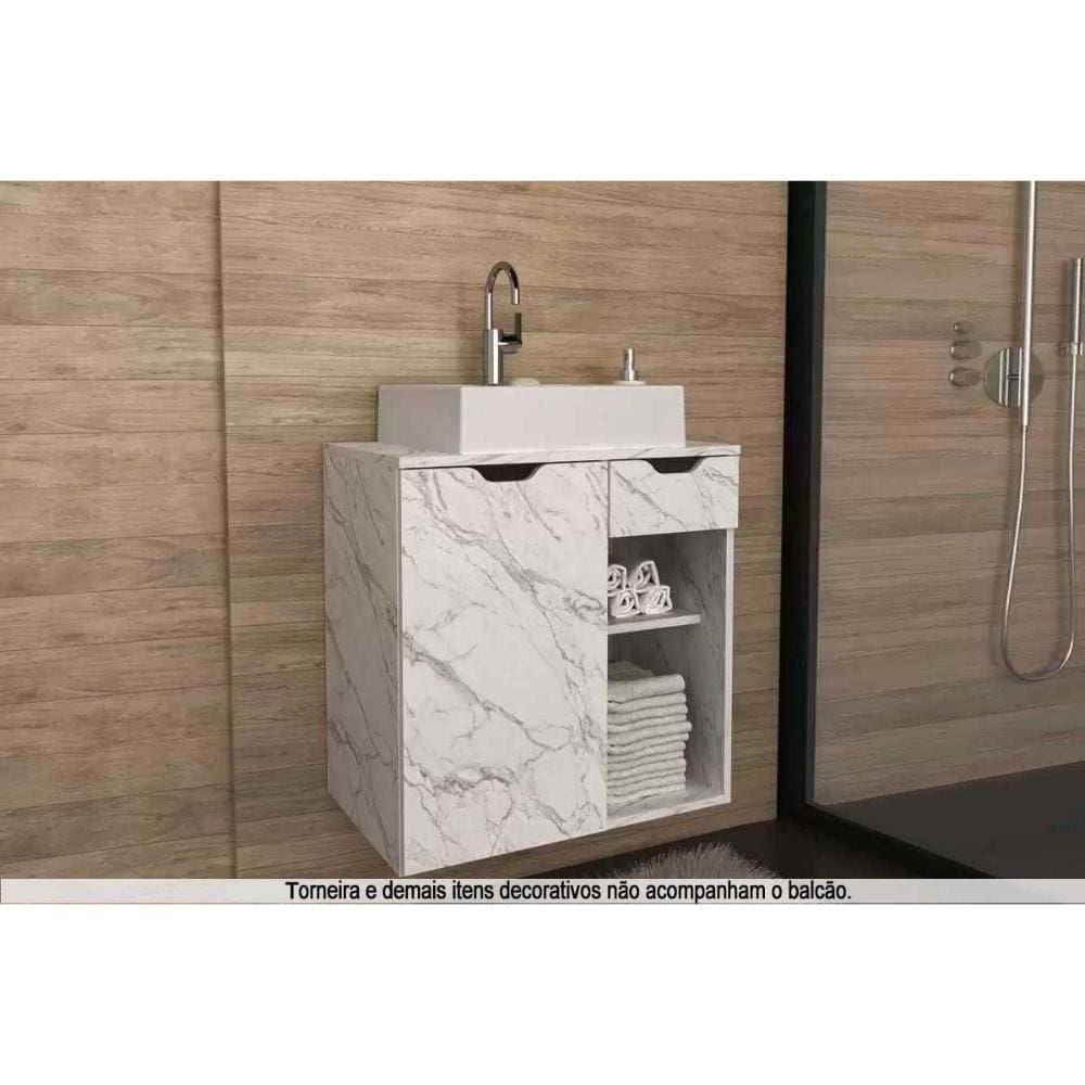 Conjunto de Banheiro Balcão Suspenso BN3605 c/ Cuba Pia BN3600 60cm cor Mármore Branco - Tecno Mobili