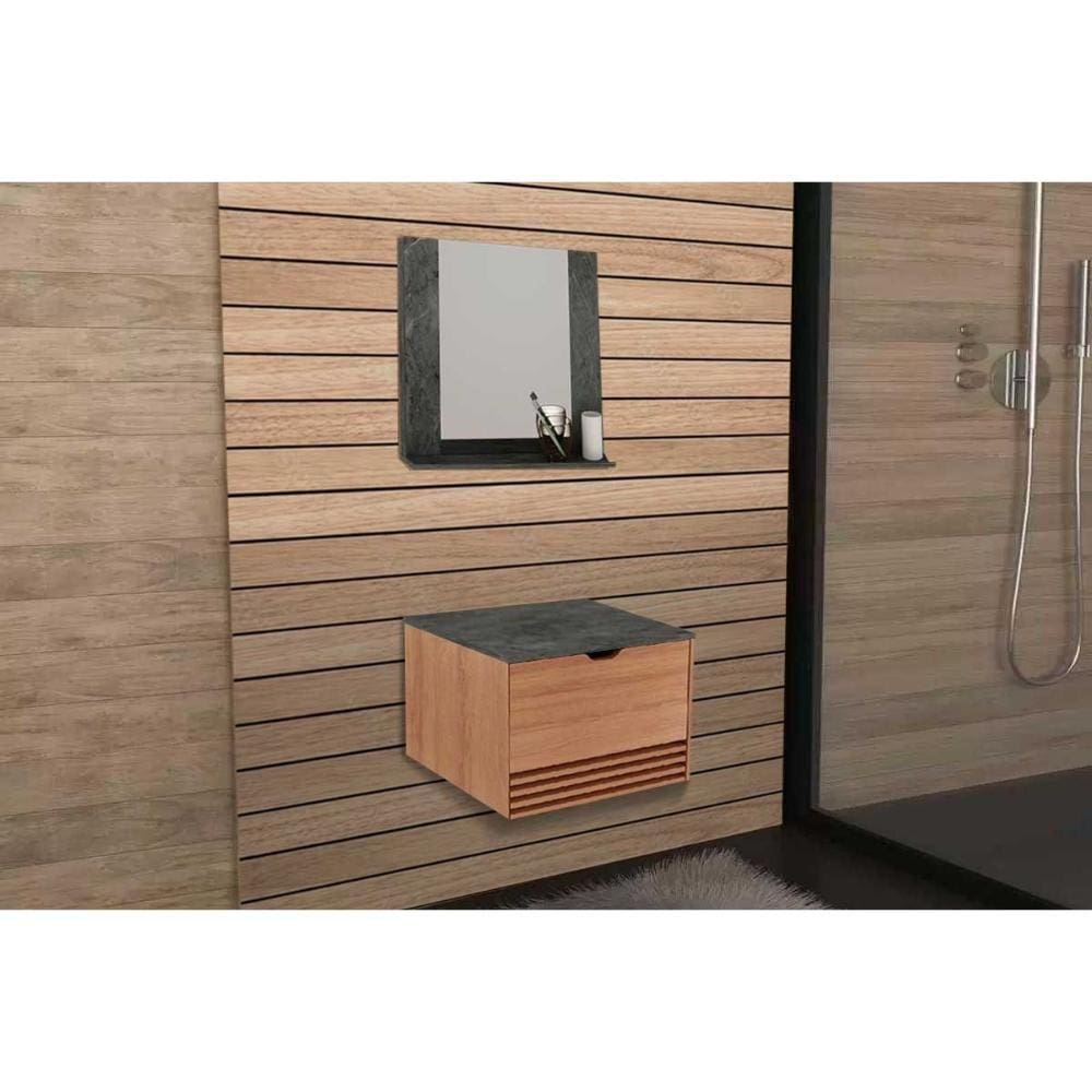 Conjunto de Banheiro Armário c/ Espelho BN3610 e Balcão Suspenso BN3613 s/ Cuba Pia 60cm cor Amendoa/Marmore Lunar - Tecno Mobili