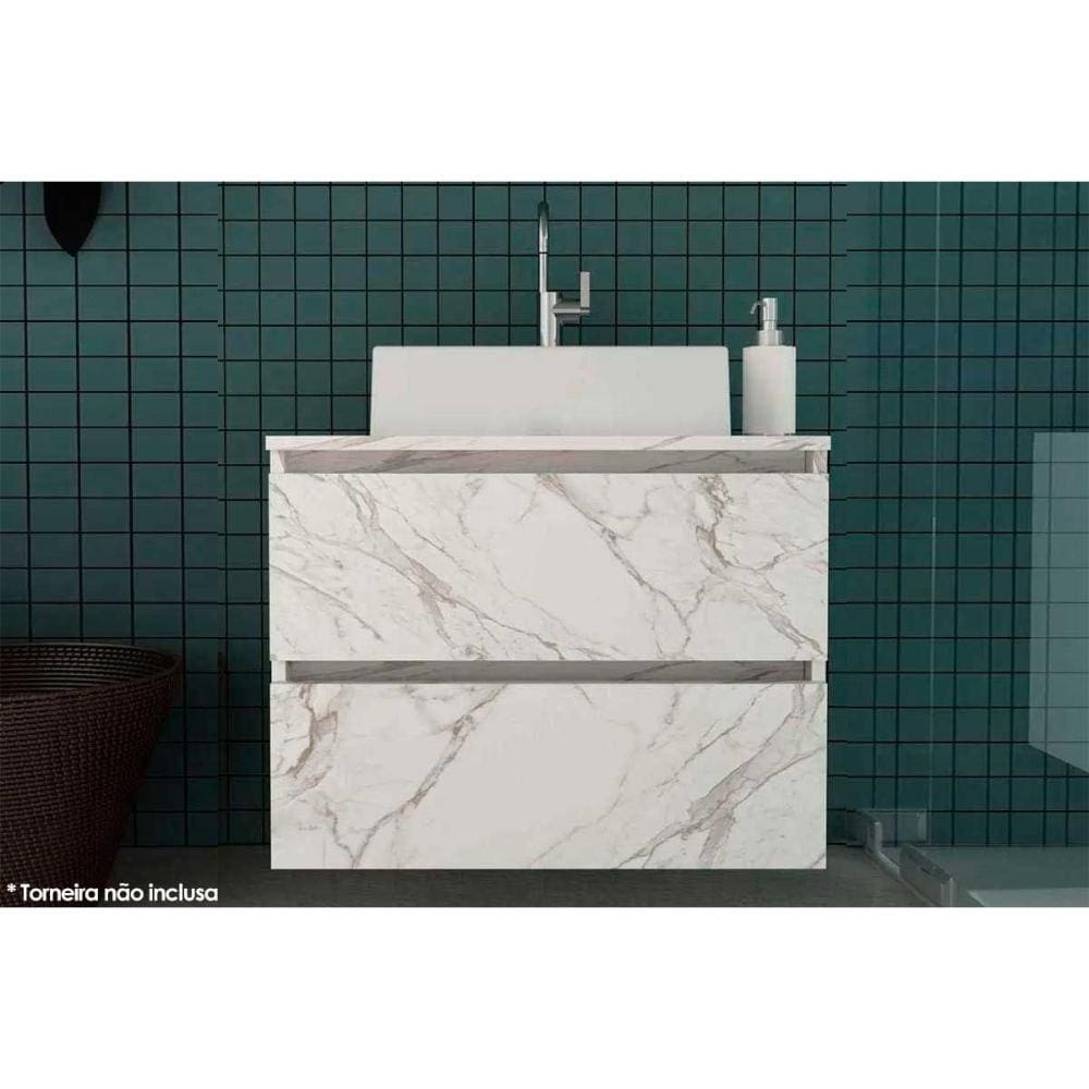 Conjunto de Banheiro Balcão Suspenso BN3607 c/ Cuba Pia BN3600 60cm cor Mármore Branco - Tecno Mobili