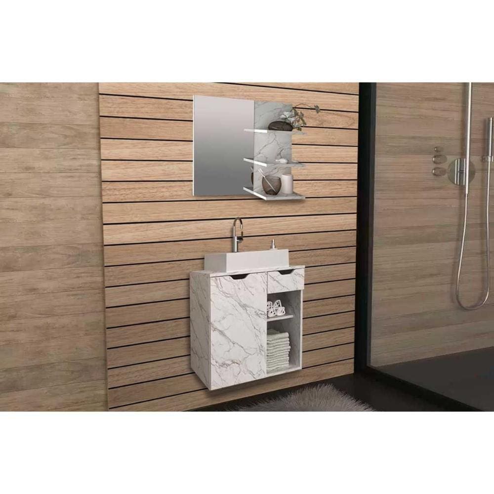 Conjunto de Banheiro Armário c/ Espelho BN3608 e Balcão Suspenso BN3605 c/ Cuba Pia BN3600 60cm cor Mármore Branco - Tecno Mobili