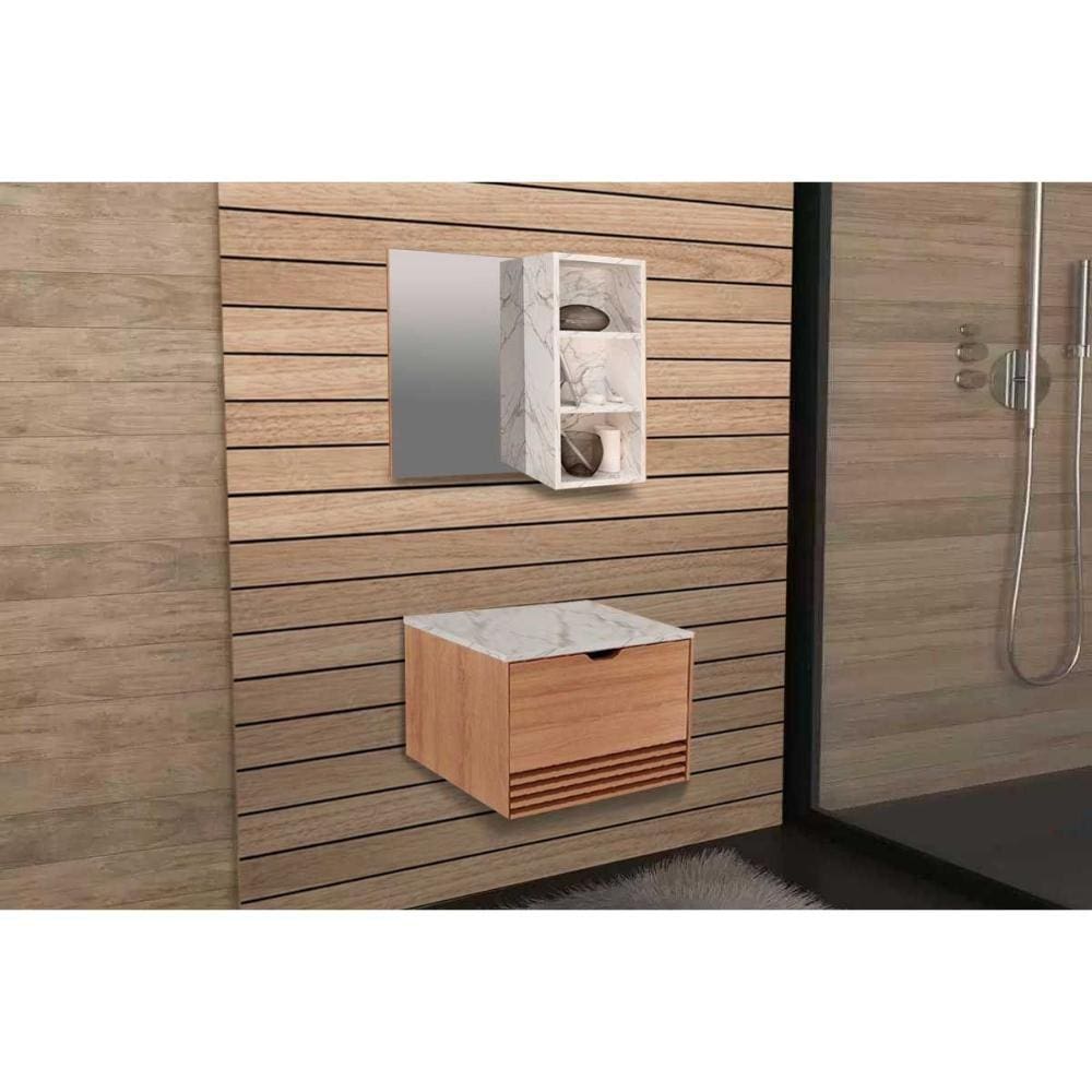 Conjunto de Banheiro Armário c/ Espelho BN3609 e Balcão Suspenso BN3613 s/ Cuba Pia 60cm cor Mármore Branco - Tecno Mobili