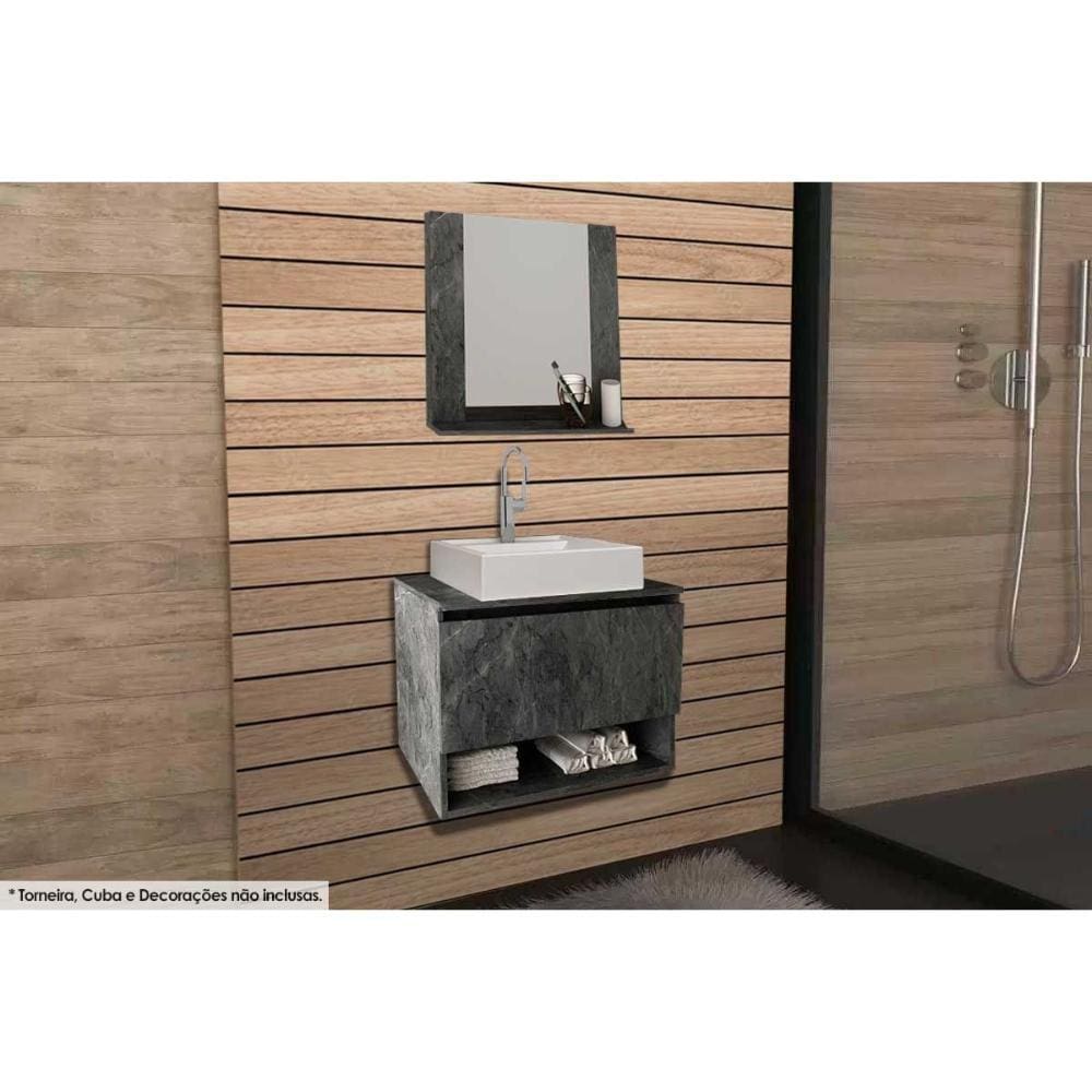 Conjunto de Banheiro Armário c/ Espelho BN3610 e Balcão Suspenso BN3606 s/ Cuba Pia 60cm cor Mármore Lunar - Tecno Mobili