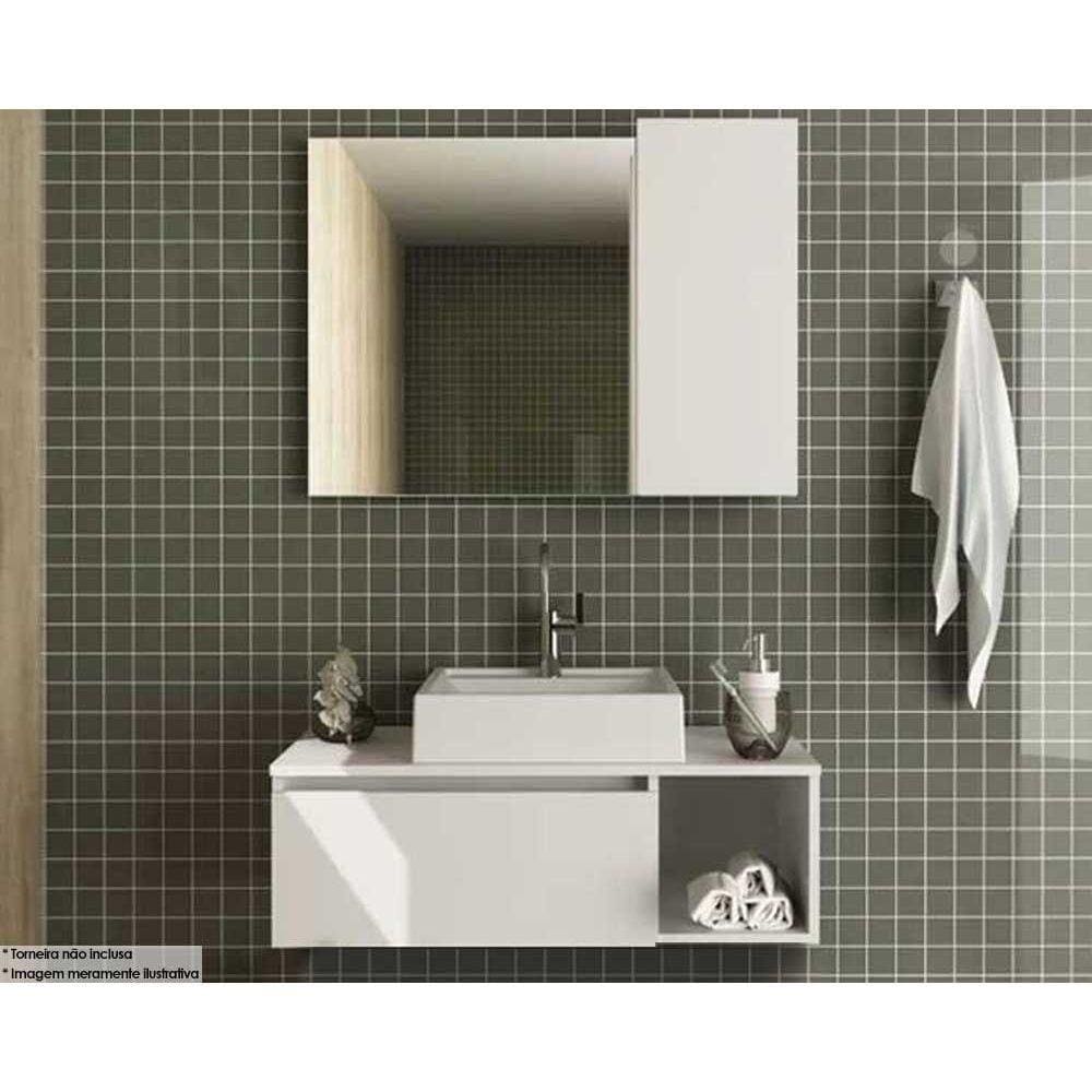 Conjunto de Banheiro Armário c/ Espelho BN3602 e Balcão Suspenso BN3601 c/ Cuba Pia BN3600 80cm cor Branco - Tecno Mobili