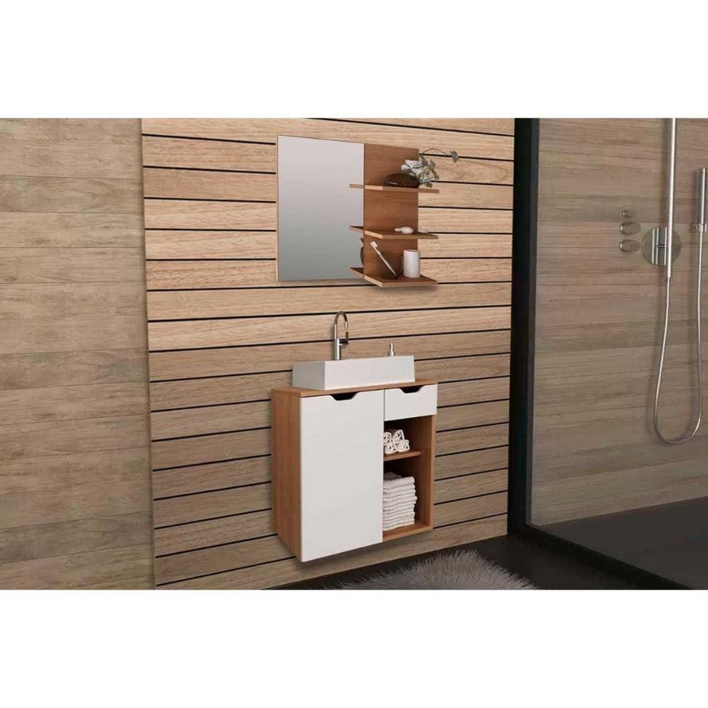 Conjunto de Banheiro Armário c/ Espelho BN3608 e Balcão Suspenso BN3605 c/ Cuba Pia BN3600 60cm cor Amêndoa/Branco - Tecno Mobili