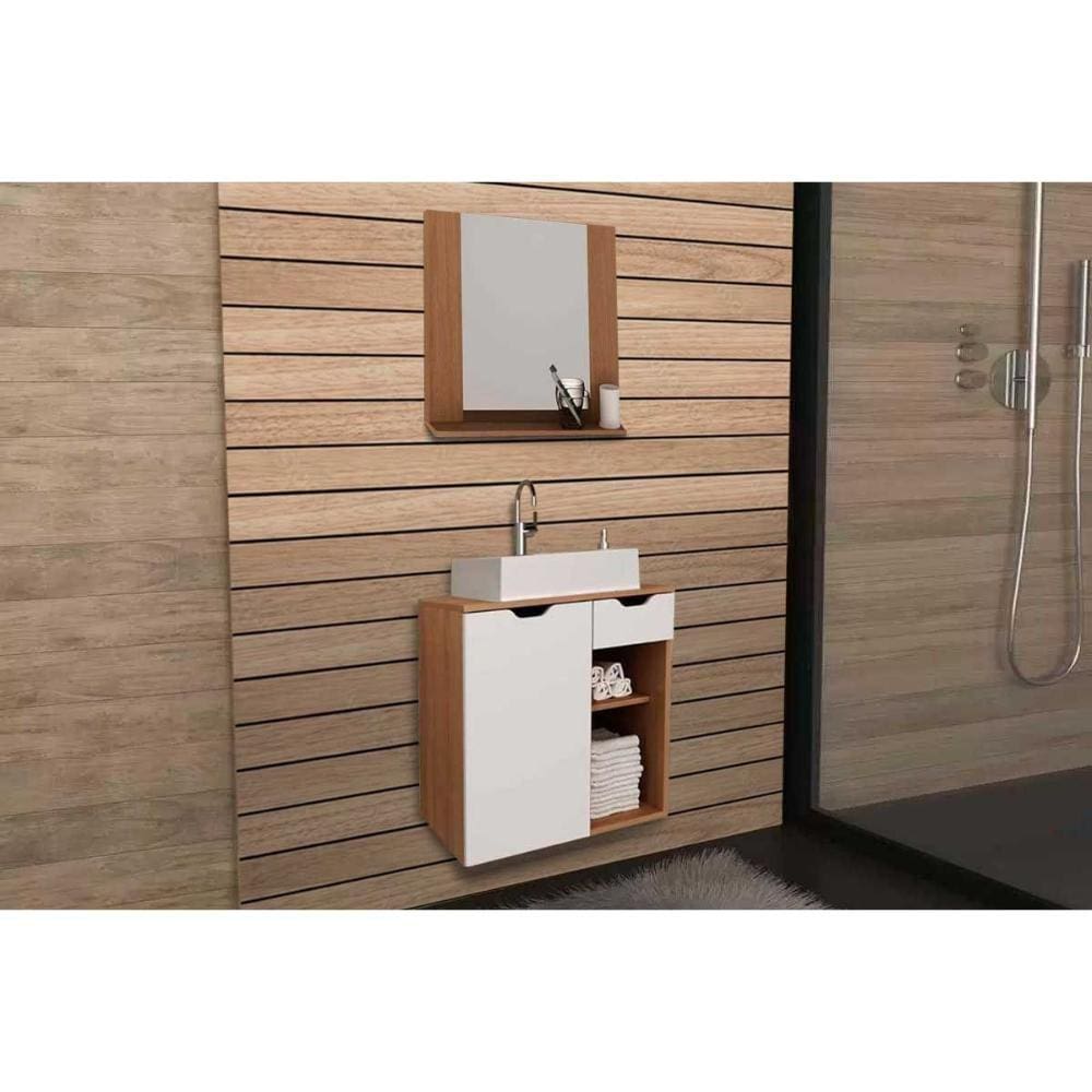 Conjunto de Banheiro Armário c/ Espelho BN3610 e Balcão Suspenso BN3605 c/ Cuba Pia BN3600 60cm cor Amêndoa/Branco - Tecno Mobili