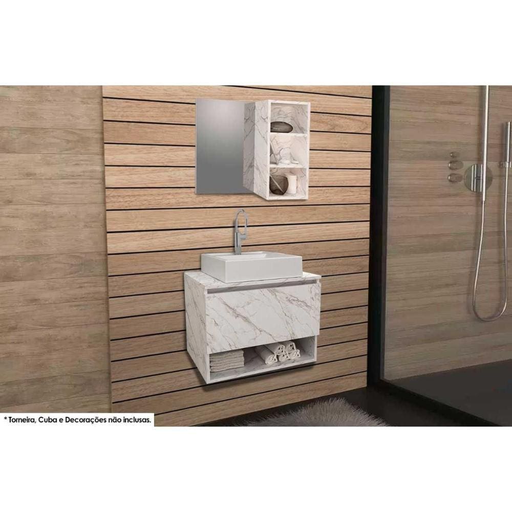 Conjunto de Banheiro Armário c/ Espelho BN3609 e Balcão Suspenso BN3606 s/ Cuba Pia 60cm cor Mármore Branco - Tecno Mobili