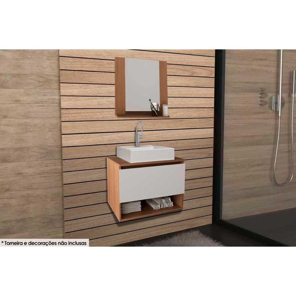 Conjunto de Banheiro Armário c/ Espelho BN3610 e Balcão Suspenso BN3606 c/ Cuba Pia BN3600 60cm cor Amêndoa/Branco - Tecno Mobili