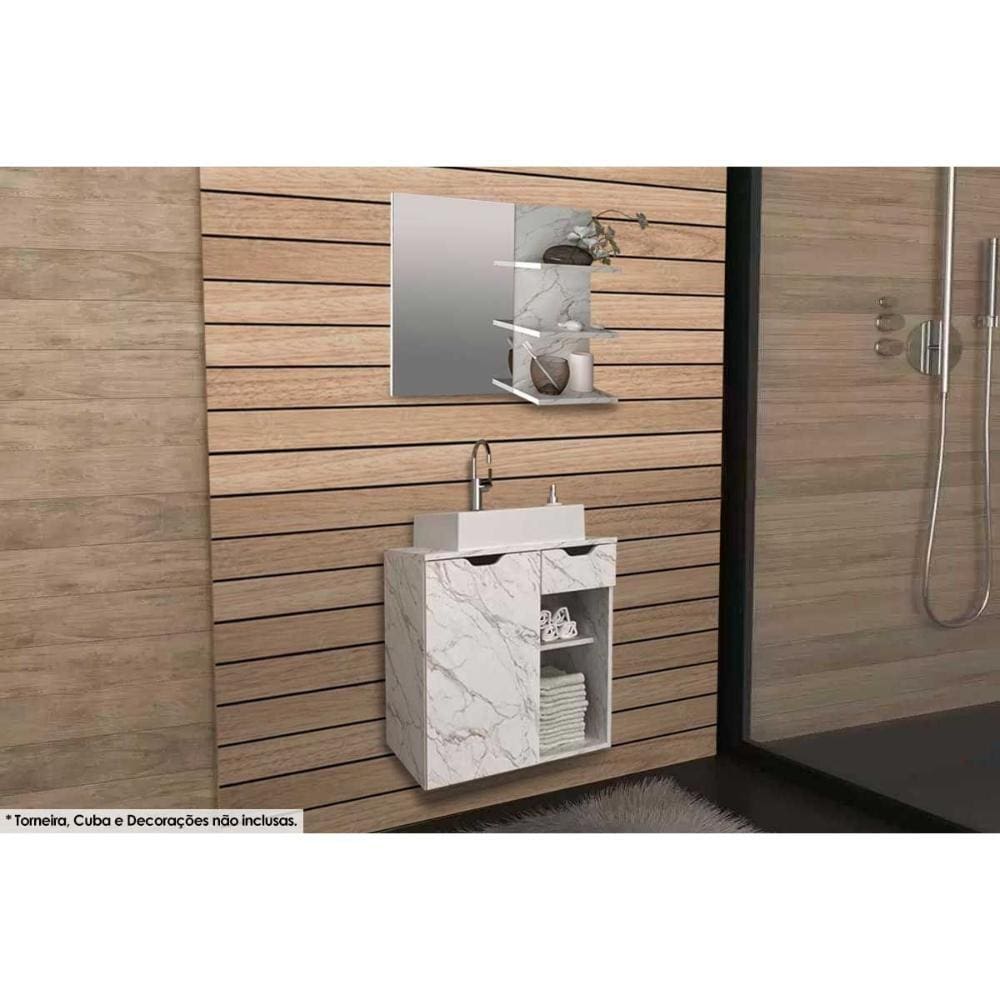 Conjunto de Banheiro Armário c/ Espelho BN3608 e Balcão Suspenso BN3605 s/ Cuba Pia 60cm cor Mármore Branco - Tecno Mobili