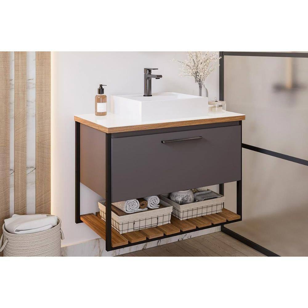 Balcão p/ Banheiro Suspenso Vitta/Caribe 1Pta Basculante c/Cuba e Tampo Vidro 60 cm cor Titanium - MGM