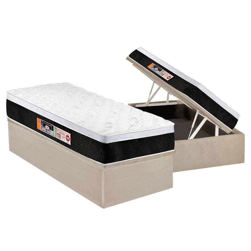 Conjunto Box Baú Solteiro: Colchão Espuma Castor D45 Black e White Air Euro Pillow + Base CRC Suede Clean(88x188)