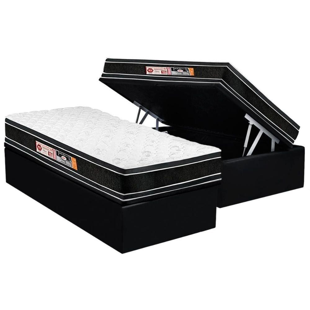 Conjunto Box Baú Solteiro: Colchão Espuma Castor D33 Black e White Air Euro Pillow + Base CRC Suede Black(88x188)