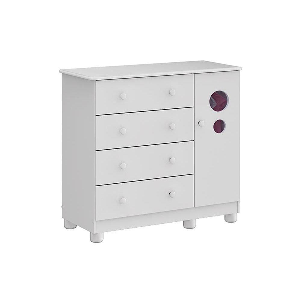 Cômoda de Quarto Bolinha c/ 1 Porta Cristal e 4 Gavetas Branco - Peroba
