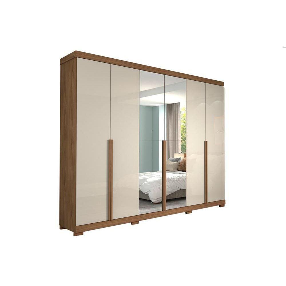 Guarda Roupa Casal 6 Portas e 6 Gavetas c/ Espelho e Pés Guarapari Avelã/Off White - Panan