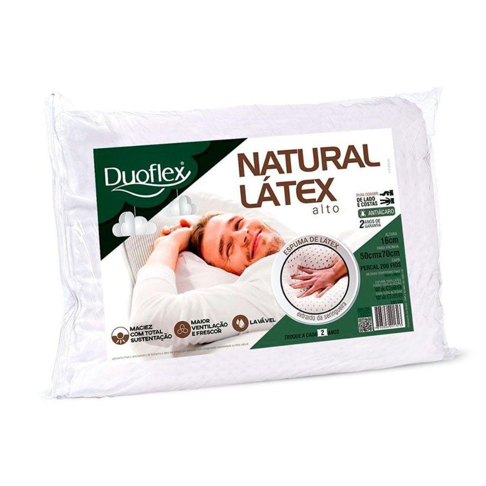 Travesseiro Látex Natural Alto LN1100 c/ Capa Percal 200 Fios p/Fronha (50x70) - Duoflex
