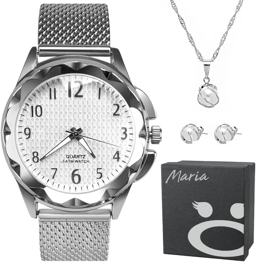 Relogio feminino banhado aço + colar + pulseira fundo rosa