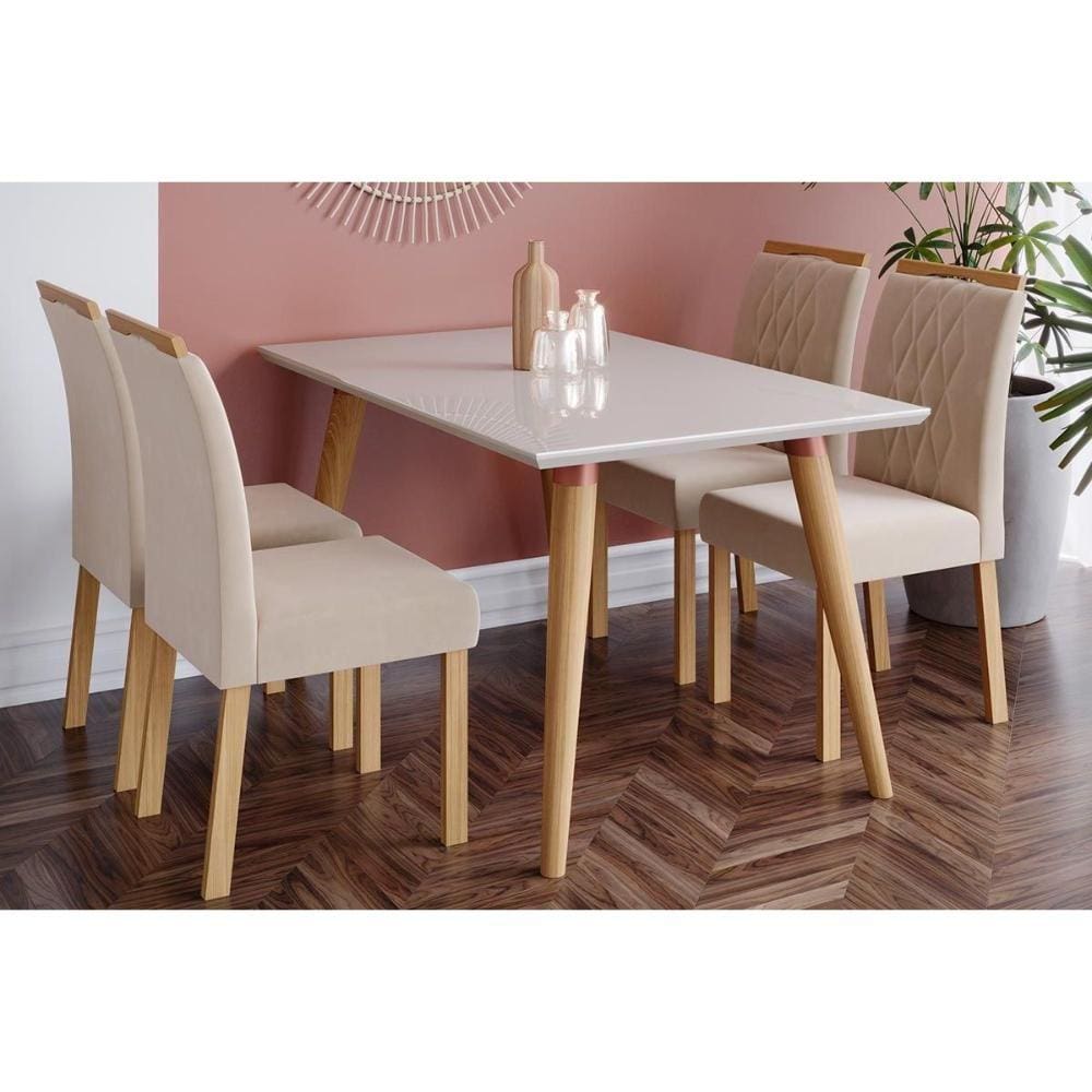 Conjunto: Mesa Sala Jantar Adele c/ Tampo Madeirado 130cm + 4 Cadeiras Juliana Madeira/Suede Nude - Cimol
