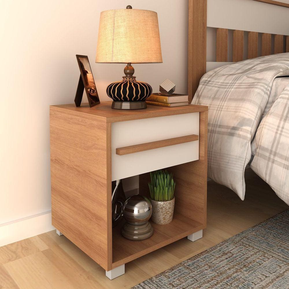 Mesa de Cabeceira em Mdp 1 Gaveta Cm8019 Amêndoa/Branco