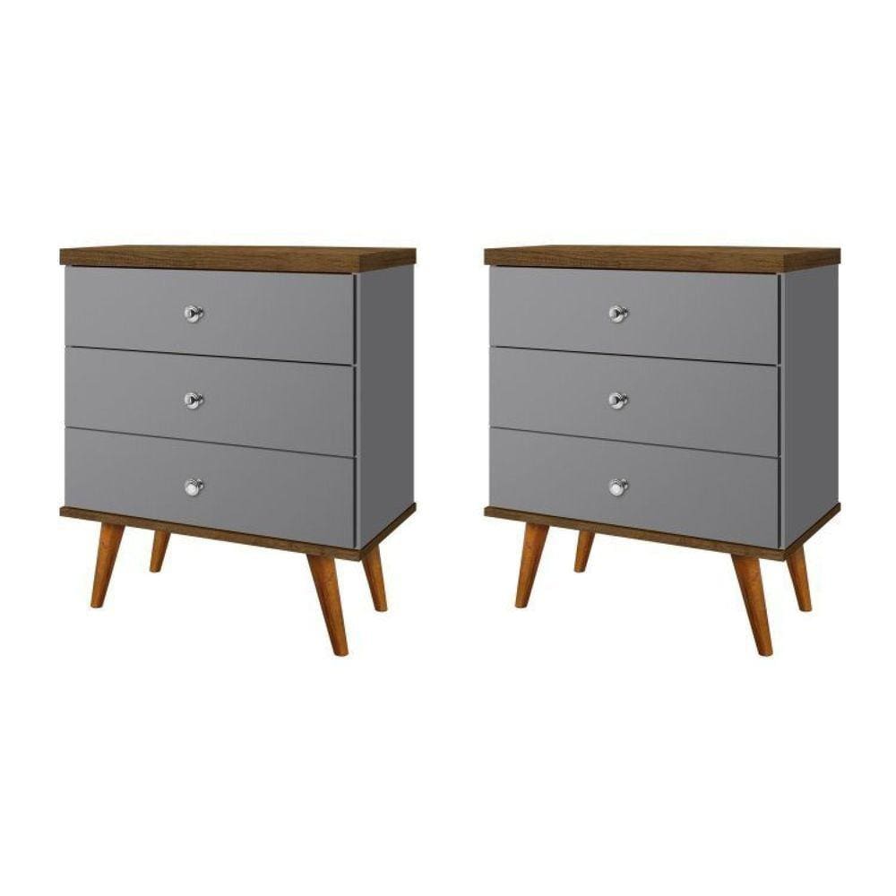 Mesas de Cabeceira 3 Gavetas Status Cinza/Jequitiba