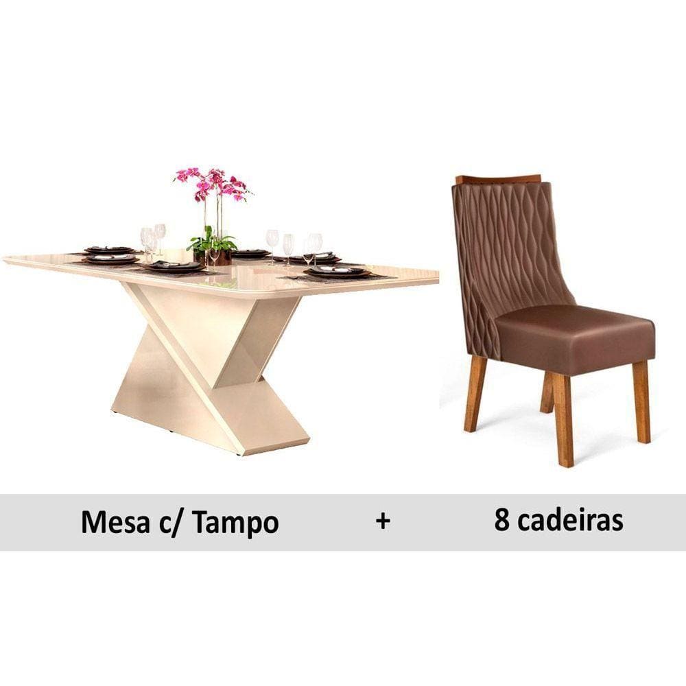 Conjunto: Mesa Sala Jantar Zafira c/ Tampo Madeirado c/ Vidro 200cm + 8 Cadeiras Jade Demolição/Moca - DJ Móveis