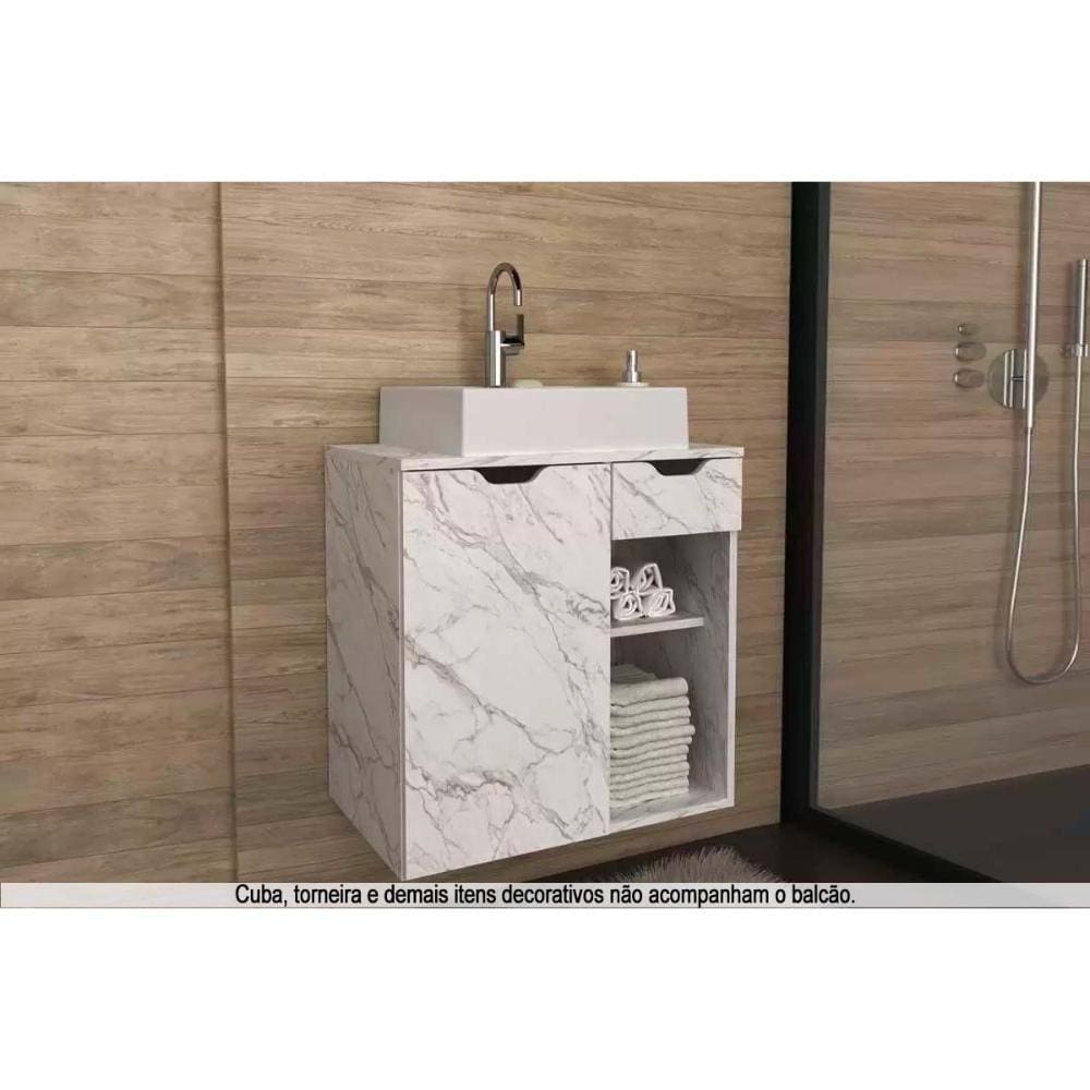 Gabinete de Banheiro Suspenso BN3605 1 Porta 1 Gaveta cor Mármore Branco - Tecno Mobili