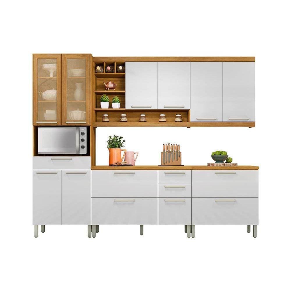 Cozinha Modulada Nesher Burguesa Premium 5 Peças (2 Armários + 2 Balcões + 1 Paneleiro) C5P23 Freijó/Branco