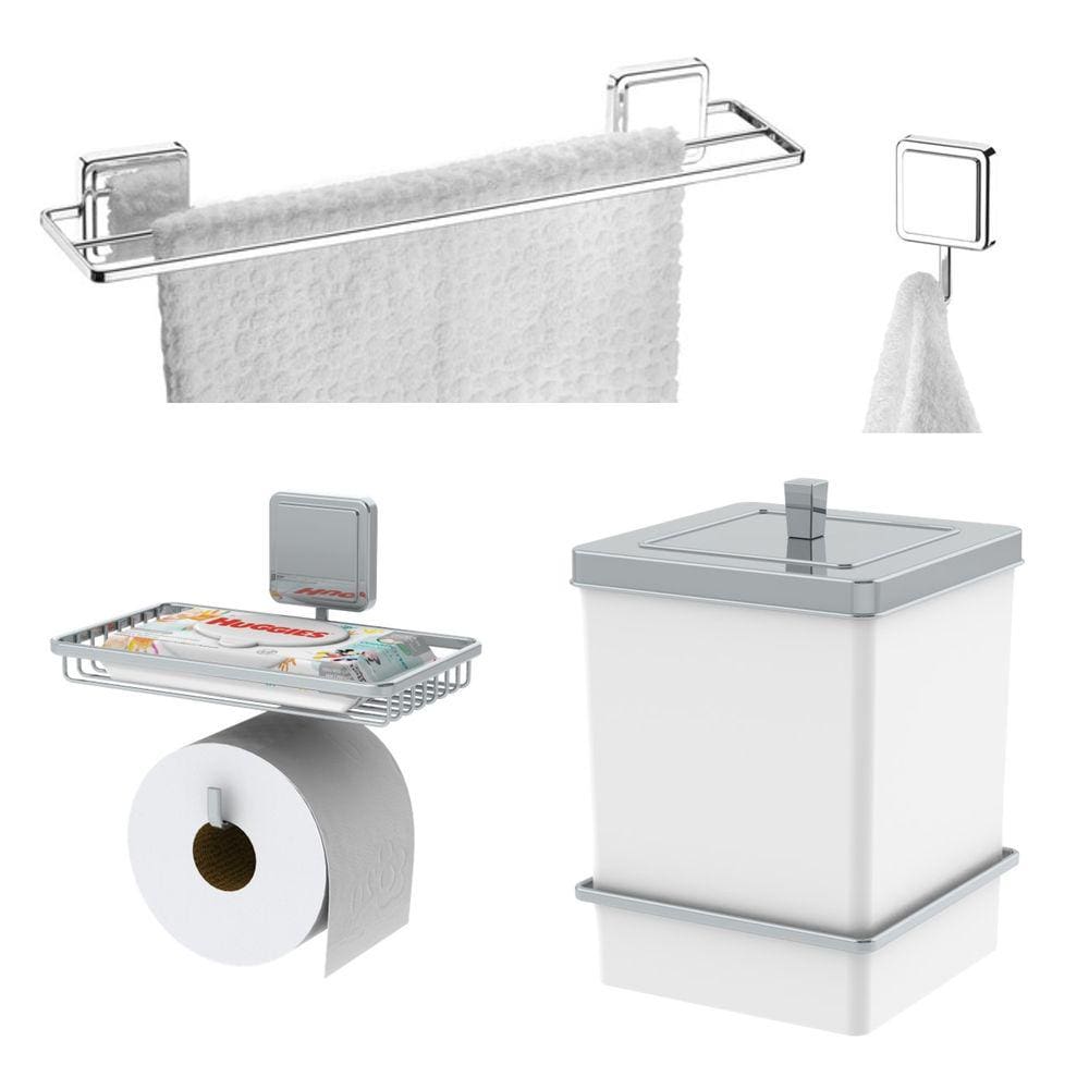 Kit Porta Papel Higiênico Toalheiro 45cm Gancho Lixeira 6,5L Com Suporte Adesivo Branco Cromado - Future