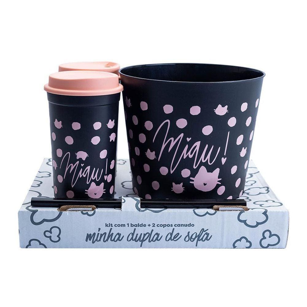 Kit Copos Canudo E Balde De Pipoca Uatt - Gatinha Miau