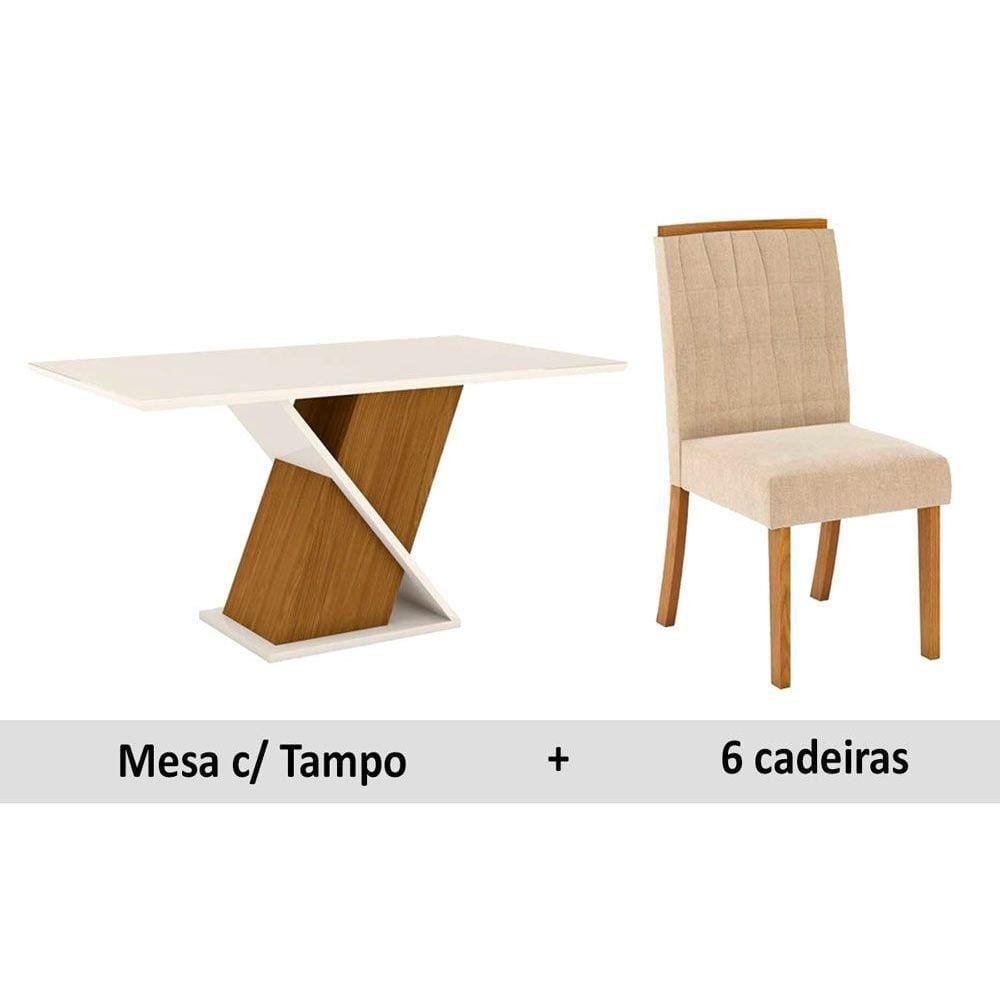 Sala de Jantar Completa Solus Tampo Madeirado c/ Vidro 160x90cm e 6 Cadeiras Tauá Nature/Veludo Light Linho - Henn