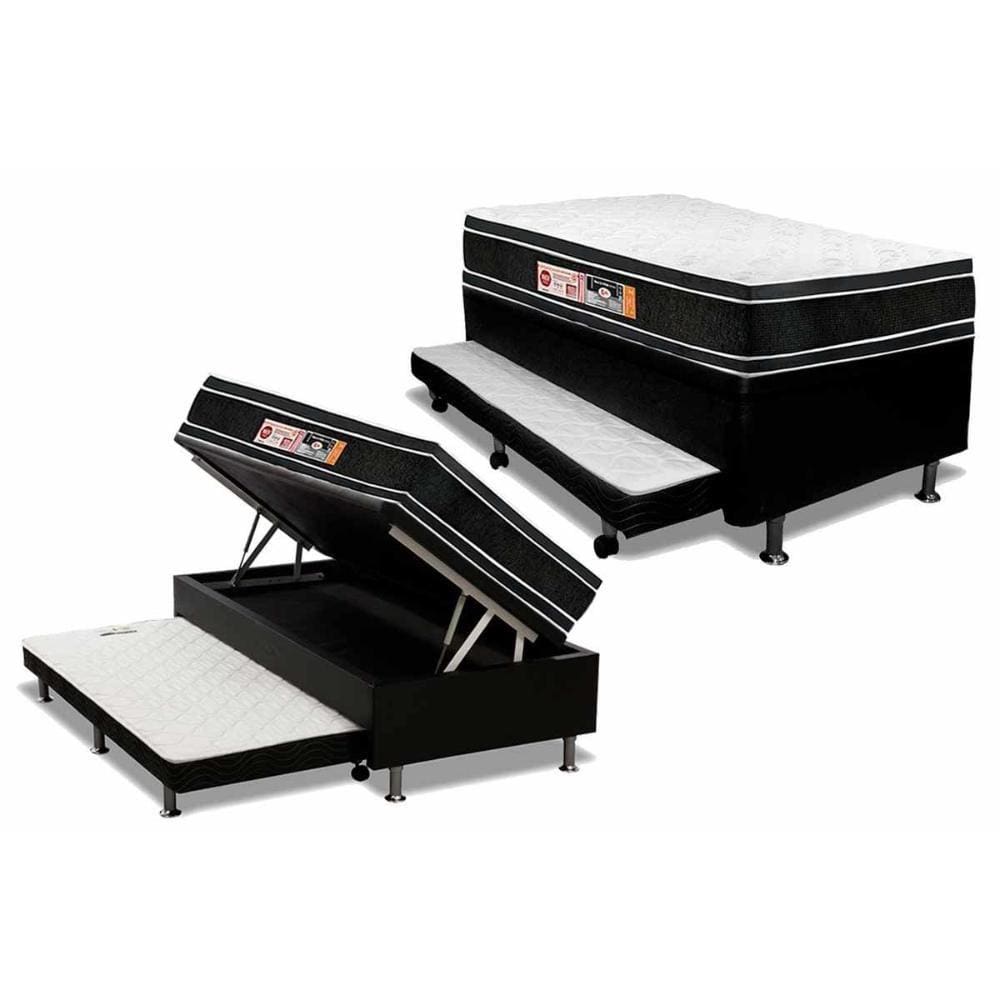 Cama Box Baú c/Auxiliar Solteiro: Colchão Espuma Castor D33 Black e White Air Double Face + Base CRC Courano Black(88x188)