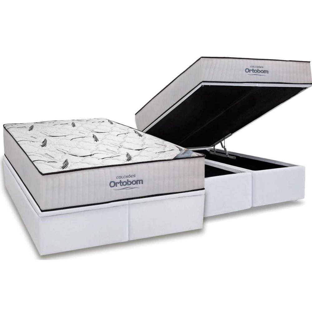 Cama Box Baú King: Colchão Espuma Ortobom D45 Highfoam + Base CRC Courano White(186x198)