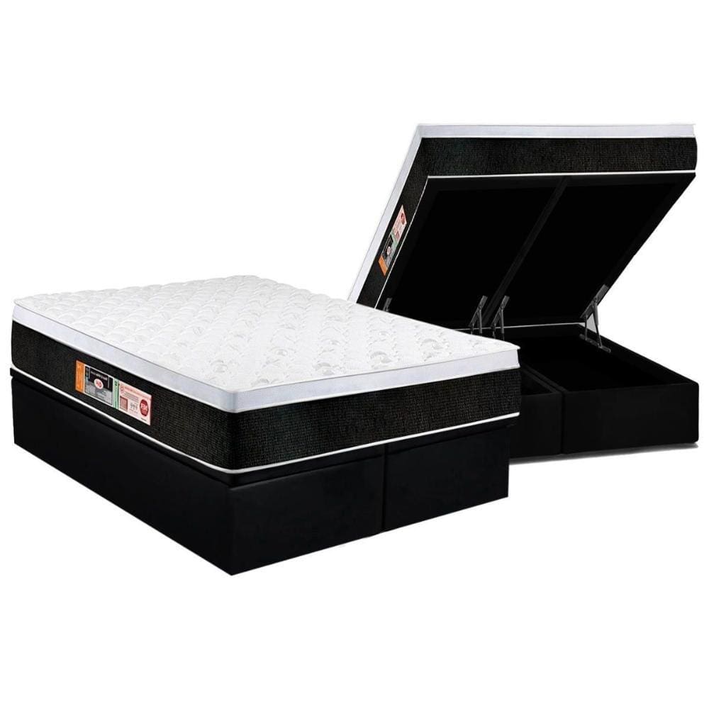 Cama Box Baú King: Colchão Espuma D45 Castor Black e White Air Euro Pillow + Base CRC Courano Black(193x203)