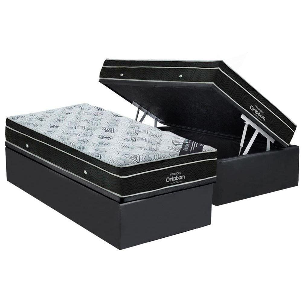 Cama Box Baú Solteiro: Colchão Molas Bonnel Ortobom Nanolastic Exclusive + Base CRC Suede Gray(88x188)