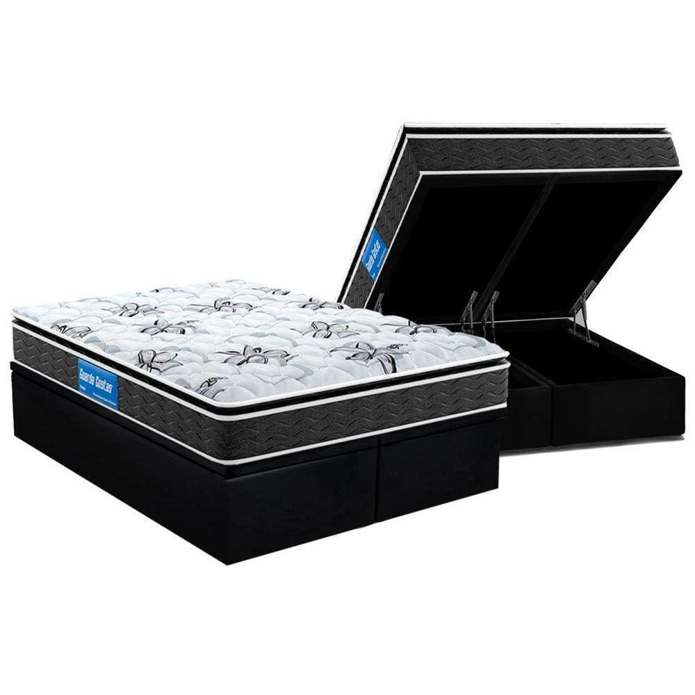 Cama Box Baú King: Colchão Espuma Probel D40 Guarda Costas Premium Hiper Firme Euro Pillow + Base CRC Suede Black(193x203)