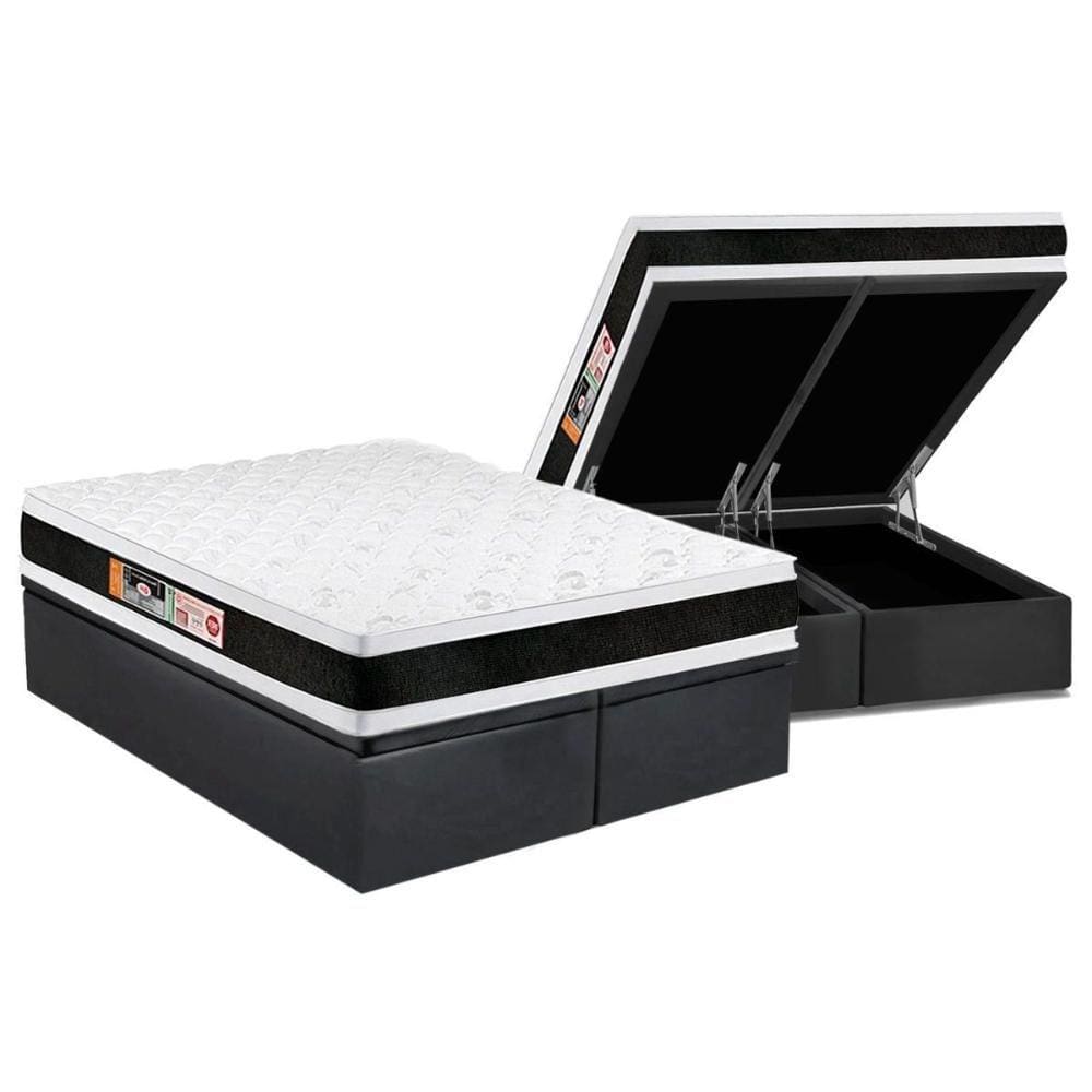 Cama Box Baú King: Colchão Espuma D45 Castor Black e White Air Double Face + Base CRC Suede Gray(193x203)