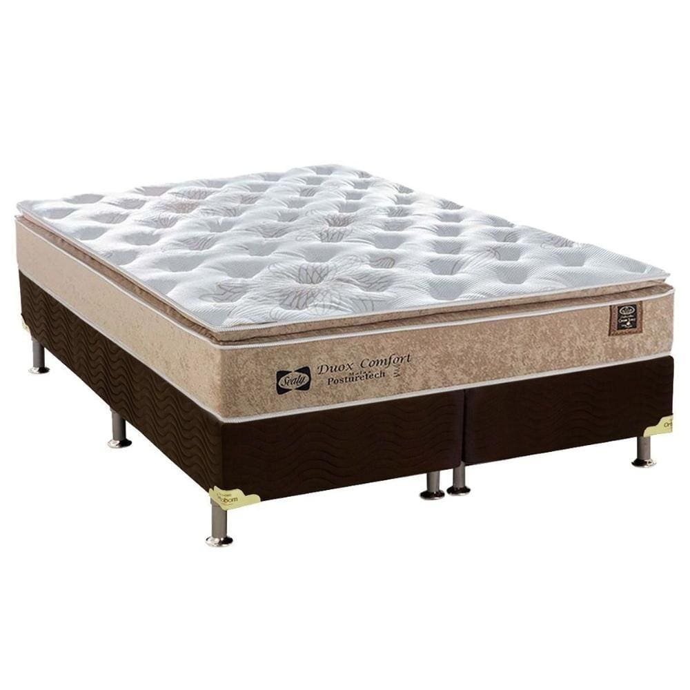 Cama Box Queen: Colchão Molas Sealy Posturepedic Doux Confort + Base CRC Suede Brown(158x198)