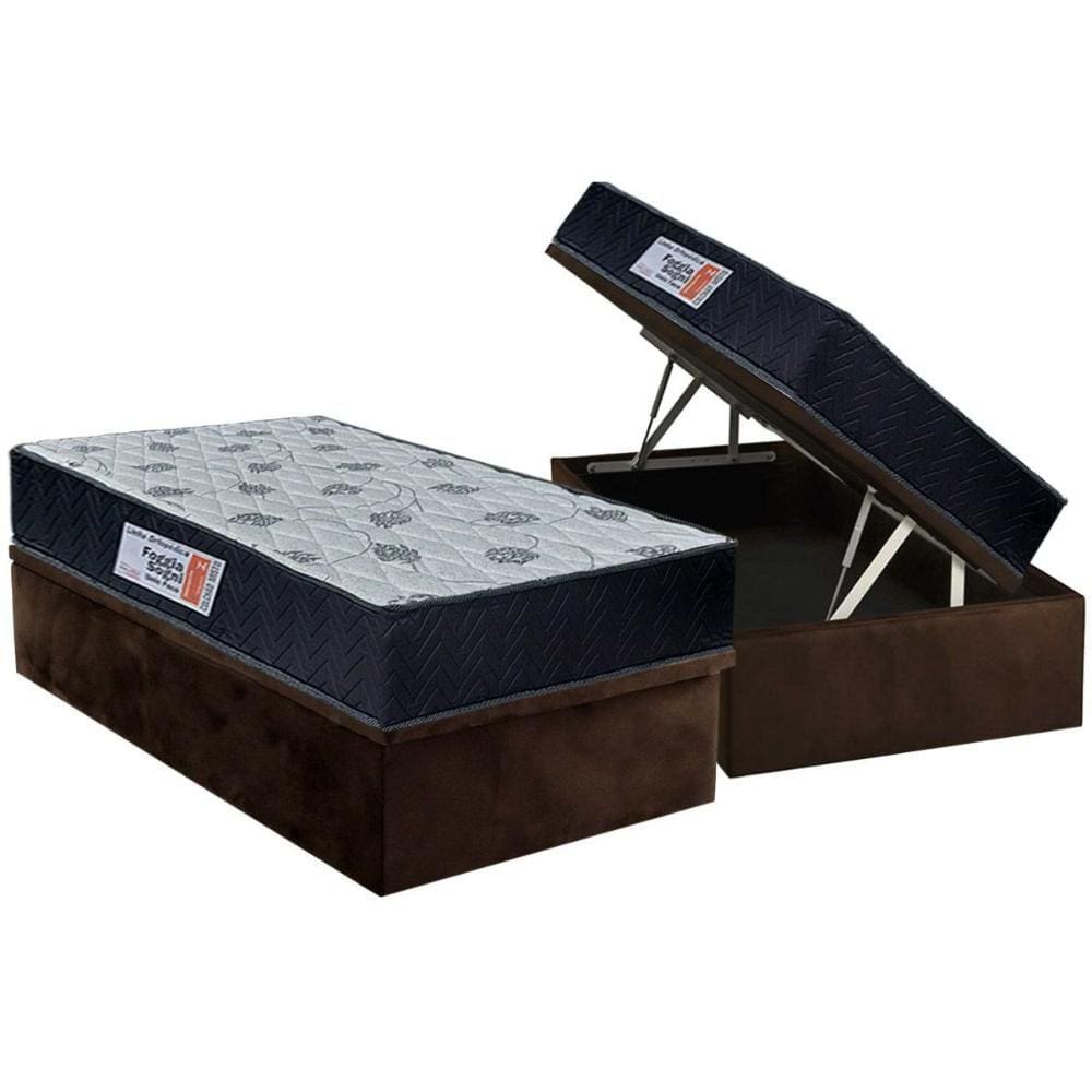 Cama Box Baú Solteiro: Colchão Ortopédico Orthoflex Foggia Sogni Unic Face + Base CRC Suede Brown(88x188)