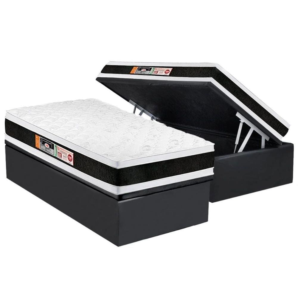 Cama Box Baú Solteiro: Colchão Espuma D45 Castor Black e White Air Double Face + Base CRC Suede Gray(88x188)