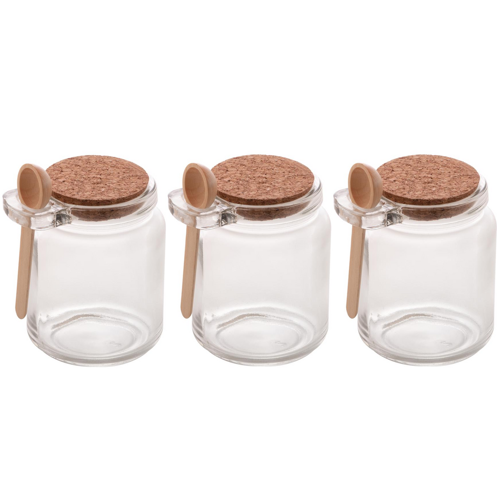 Kit 3 Potes de Vidro com Colher em Bambu e Tampa Rolha 240ml Lyor - Saleiro e Porta Condimento