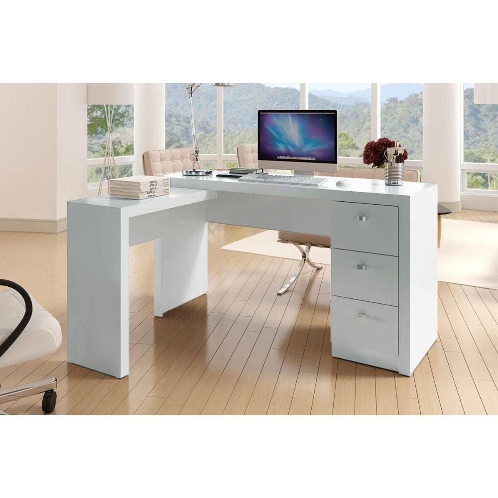 Mesa Canto p/Escritório ME4101 c/ 3 Gavetas Branco - Tecno Mobili
