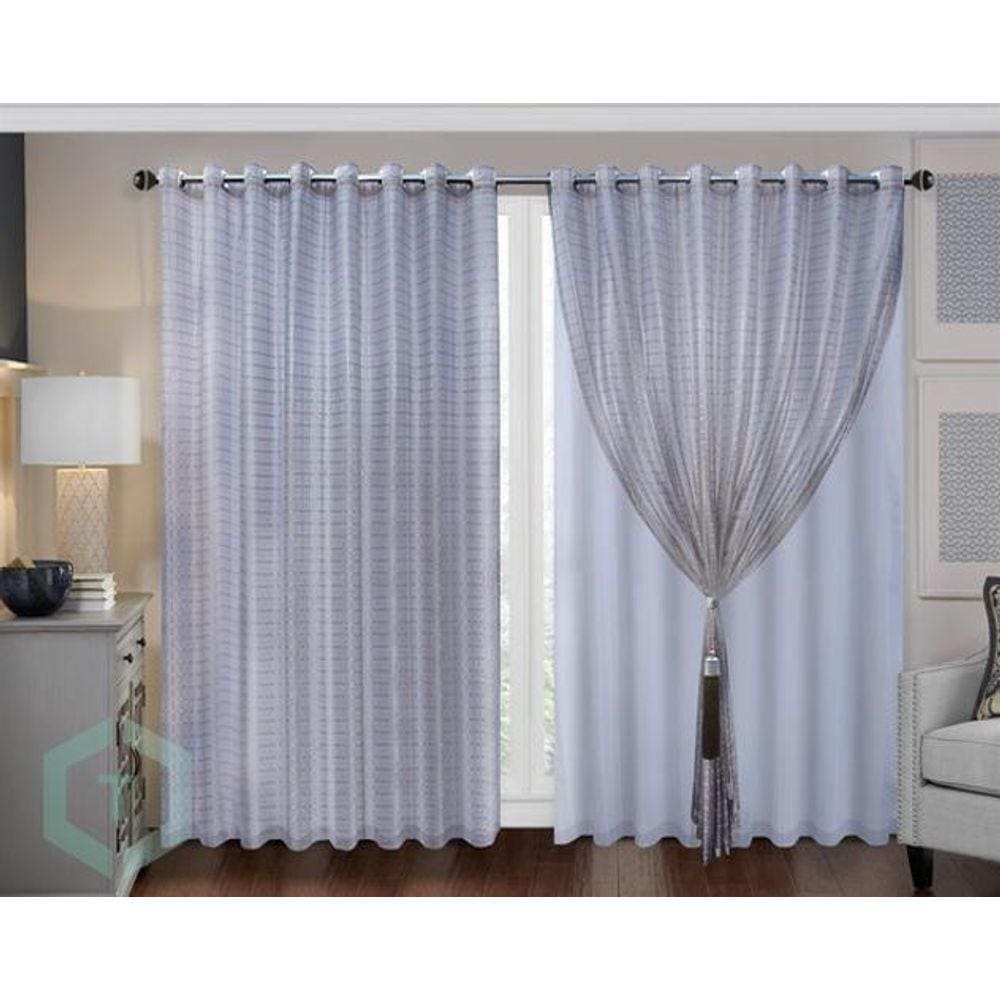 Cortina Quarto Voal Xadrez Cinza Com Forro Branco 3,00X2,20M