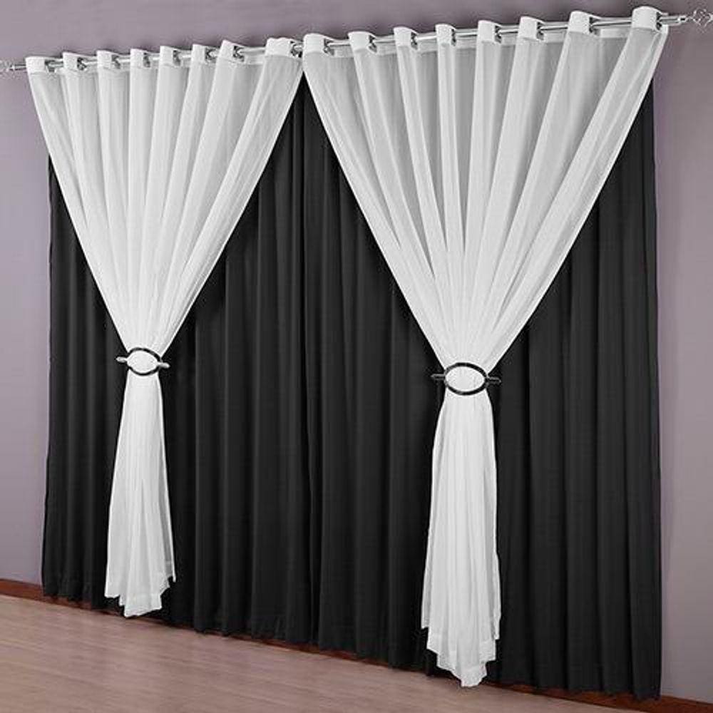 Cortina Quarto Voal Liso Branco Com Forro Preto 4,00X2,80M