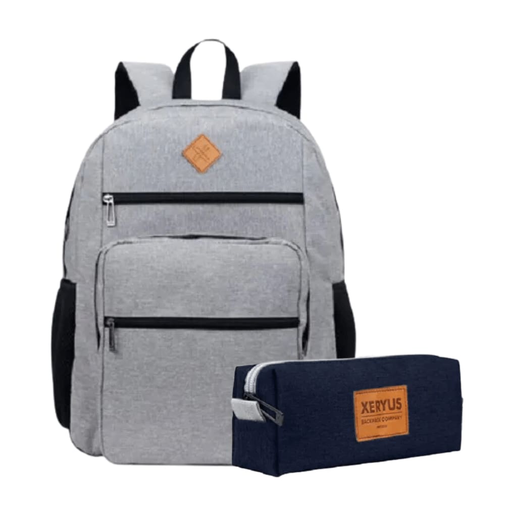 Kit Mochila Cinza Escolar Juvenil Masculina c/ Estojo Xeryus