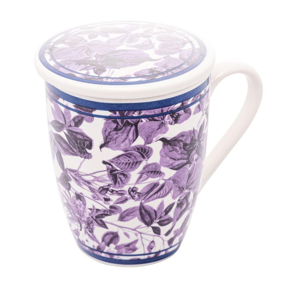 Caneca de Porcelana Floral Azul Super White Blue Garden C/ Tampa e Filtro
