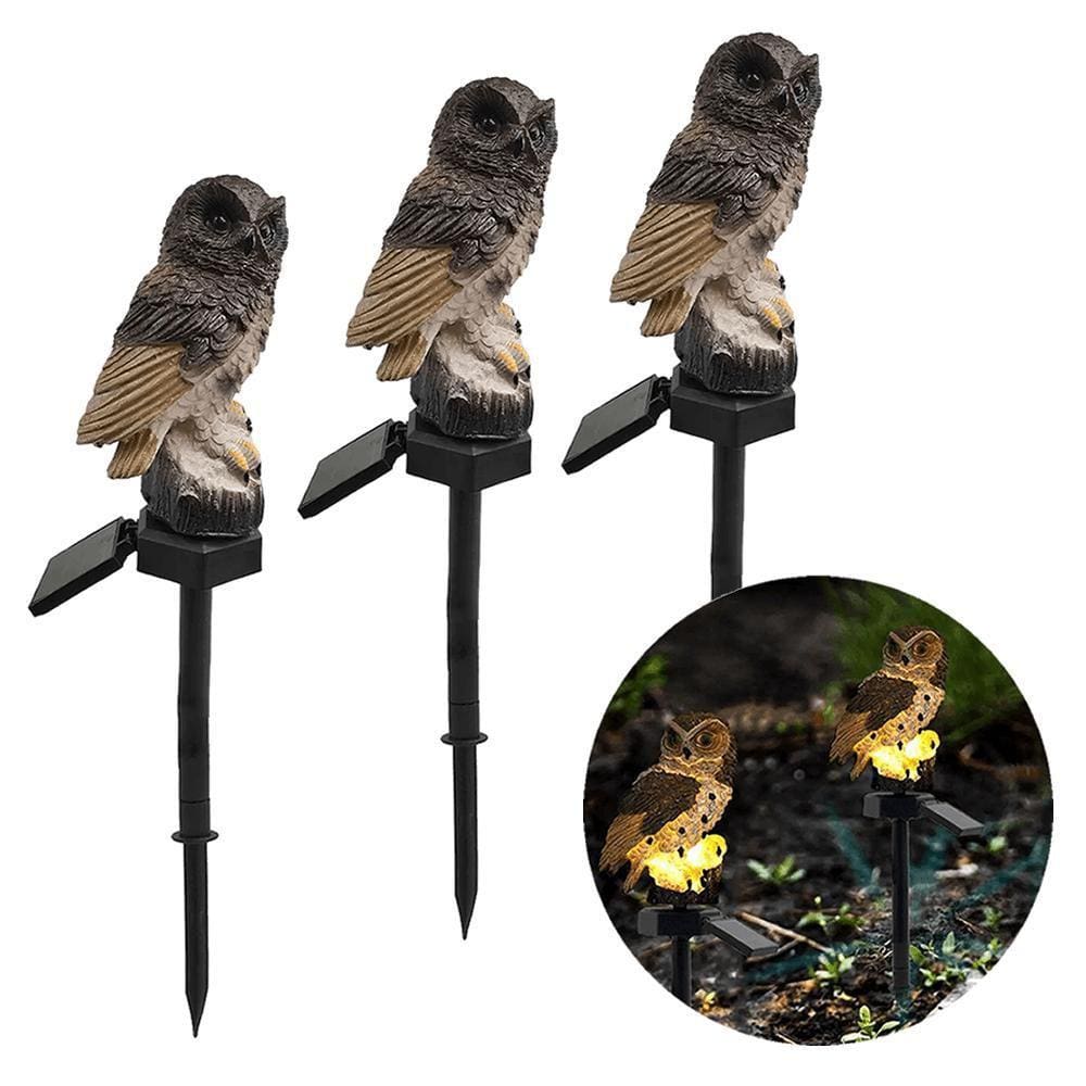 Kit 3 Luminária Espeto Jardim Solar Coruja Resina Enfeite
