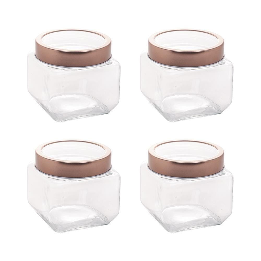 Kit 4 Pote de Vidro Quadrado com Tampa Rose Gold 0,8L - Lyor